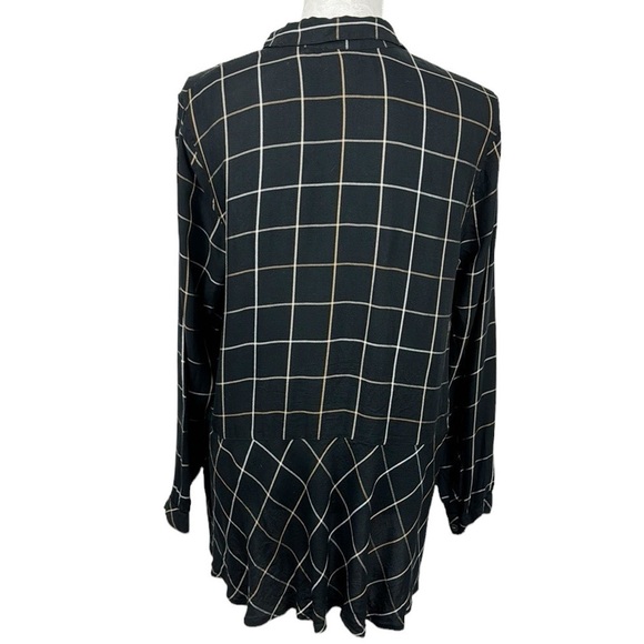 J. Jill Women's M Button Blouse Black Gold Windowpane Plaid Peplum Back Hem - Picture 3 of 10
